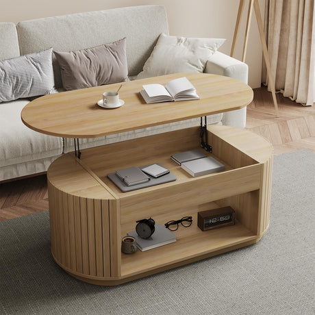47-Inch Oval Lift Top Coffee Table with Storage Shelf for Living Room, Large Wooden Fluted Modern Center Table with 2 Tier Shelf, Modern Tea Tables with Hidden Compartment for Bedroom, Light Oak Epecoya