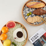 Round Rattan Tray with Mother of Pearl Inlay, Rattan Serving Tray with Wooden Base, Decorative Wicker Basket for Table Decor, Storage and Display of Coffee Bread Food Fruit (Leaf) Kmelep