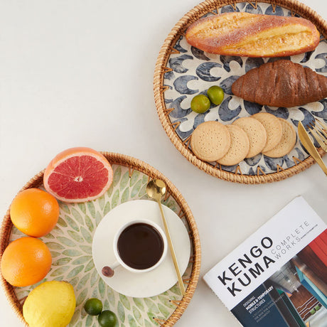Round Rattan Tray with Mother of Pearl Inlay, Rattan Serving Tray with Wooden Base, Decorative Wicker Basket for Table Decor, Storage and Display of Coffee Bread Food Fruit (Leaf) Kmelep