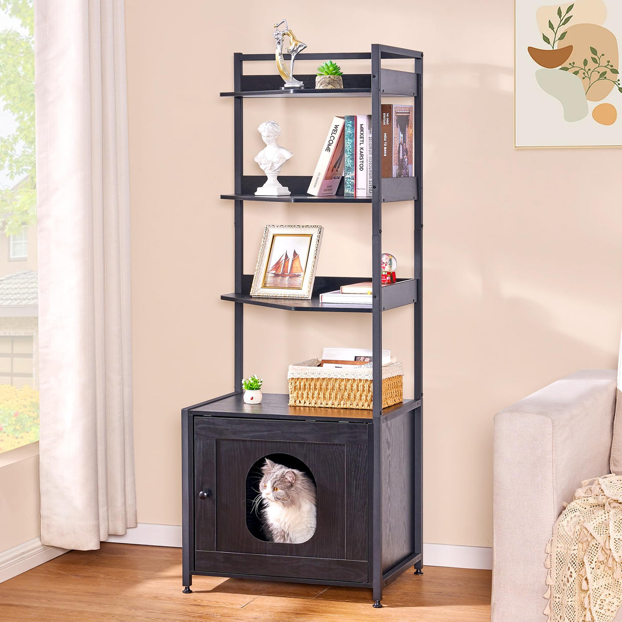 BEWISHOME Large Cat Litter Box Enclosure with 4 Tier Shelves and Doors, Hidden Cat Litter Box Furniture for Living Room, Industrial Indoor Cat House, Black, CMW06H BEWISHOME