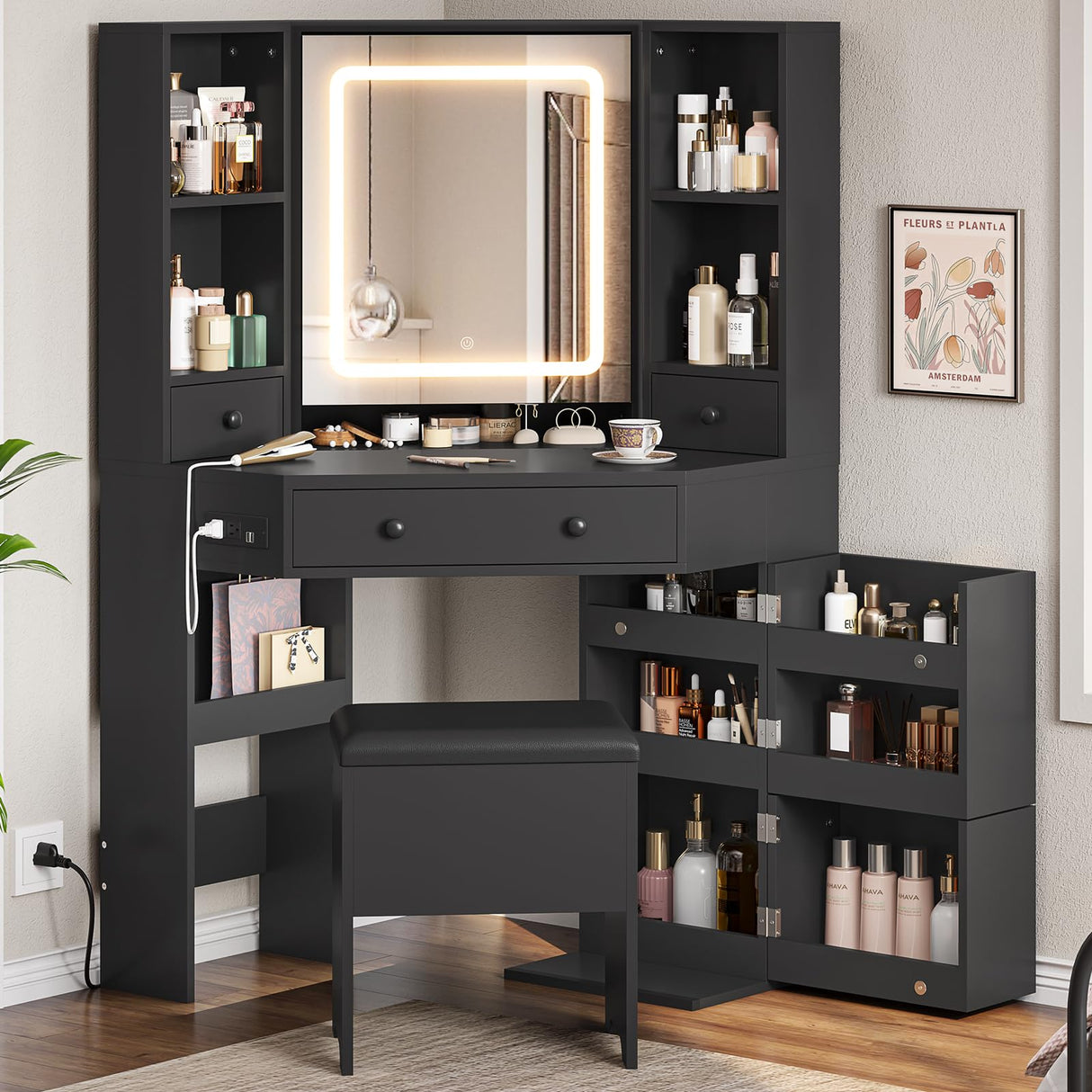 BTHFST Corner Vanity Desk with Lighted Mirror, Makeup Vanity with Lights and Charging Station, Vanity Set with Mirror and Storage Stool, Makeup Table with Drawers, Rotating Shelves, Black BTHFST