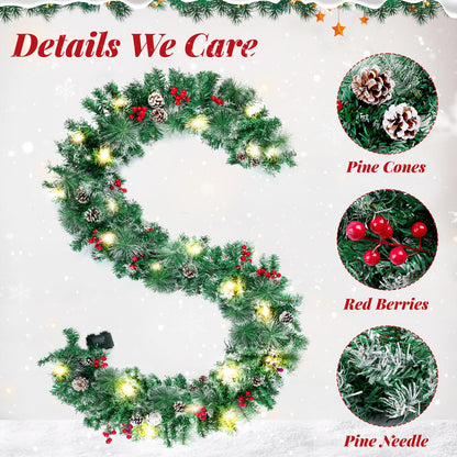 BlessedSeason Christmas Garland with Lights, 9FT Artificial Lighted Garland Indoor for Stairs, Fireplace, 50 Lights Green Garland, Pine Cones & Red Berries & Pine Needle