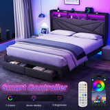 Driftalia LED Full Size Bed Frame with 2 Storage Drawers, Upholstered Full Bed Frame with Headboard and Charging Station, No Box Spring Needed, Easy to Assembly-Dark Grey Driftalia