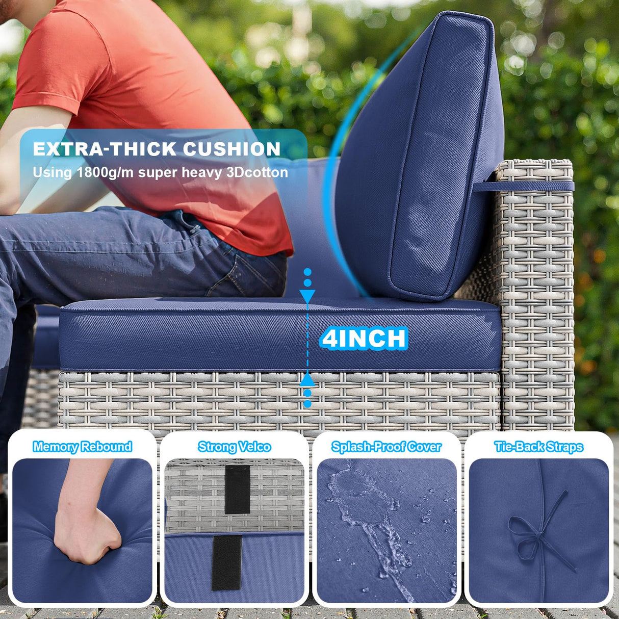 11-Piece Patio Furniture Set, Outdoor Patio Furniture with Fire Pit Table, Swivel Chairs Set, Thick Cushions, Modular Patio Sofa, Dual-Strand Wicker Rattan, Rust-Resistant Frame, Navy Blue Sweecci