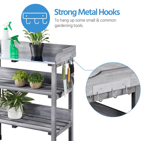 Yaheetech Garden Potting Table Horticulture Potting Bench w/Storage Shelf W/Metal Tabletop w/Hook 3 Shelves Workstation Work Benches Station, Gray Yaheetech