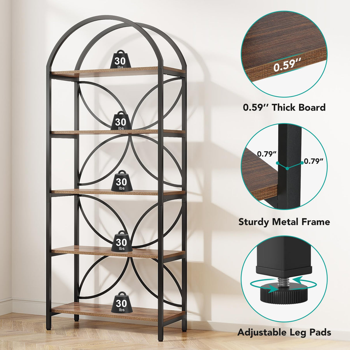 Tribesigns 5-Tier Bookshelf, 75 Inch Tall Arched Bookcase Shelf Storage Organizer, Industrial Book Rack With Metal Frame, Open Standing Display Rack for Bedroom, Living Room, Home Office, Rustic Brown Tribesigns