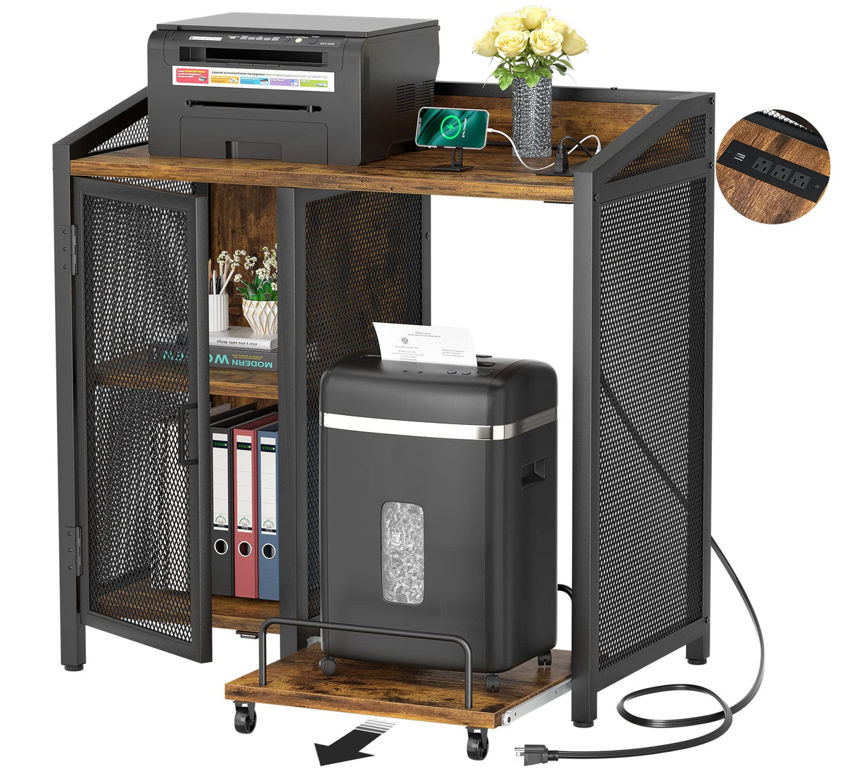 Unikito 3-Tier Lateral Office Filing Cabinets with Socket and USB Charging Port, Modern Printer Stand and Paper Shredder Stand Rack with Wheels and Open Storage Shelves for Home Office, Rustic Brown Unikito