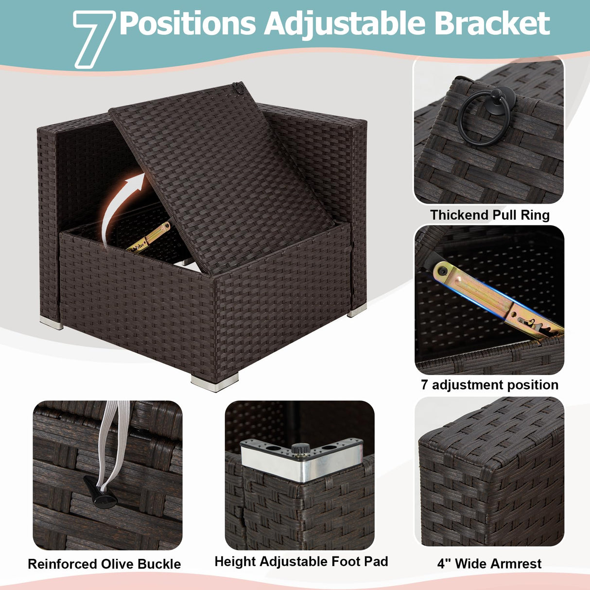 RYNSTO 7 Piece Patio Furniture Set with Adjustable Bracket Wicker Rattan Patio Conversation Sets Outdoor Sectional Sofa Set with Wood Table and Cushions for Porch Lawn Garden, Blue RYNSTO