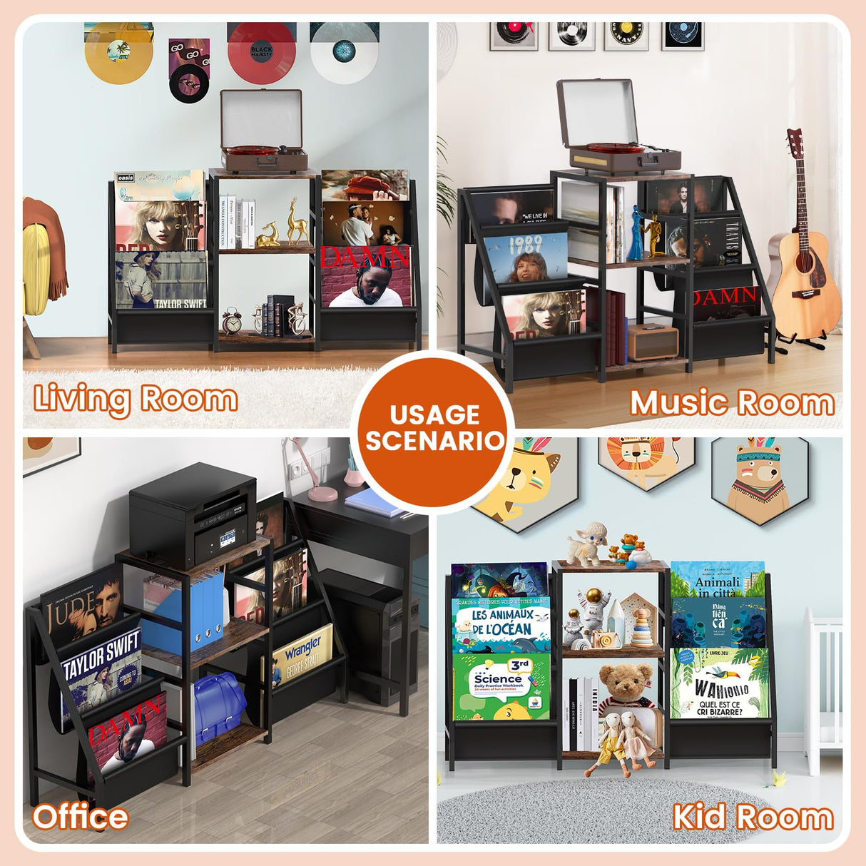 sugitek Record Player Stand,Vinyl Storage with 6-Tier Up to 280 Albums CDs, Record Holder Display Shelf for Living Room,Bedroom,Record Cabinet for Media Stereo Audio（Black） sugitek