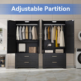 Wooden Armoire Wardrobe Closet with 2 Drawers, Bedroom Armoires with Door and Shelves, Freestanding Wardrobe Clothing Storage Cabinet with Hanging Rod for Bedroom, Laundry Room, Cloak Room（Black） Honsiva