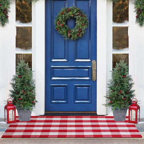 Christmas Red and White Plaid Rug 3 x 5 Ft, Hand-Woven Indoor/Outdoor Layered Cotton Blend Buffalo Plaid Rug, Washable Front Door Mat, Perfect for Porch, Living Room, Entryway PIXFAIRY