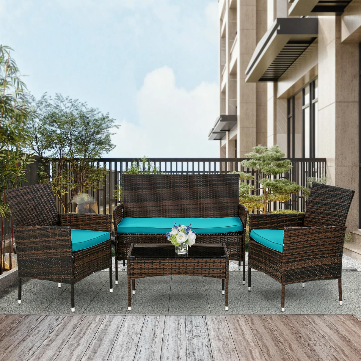 PayLessHere Outdoor Furniture Set 4 Pcs Modular Patio Furniture Set Water Resistant Conversation Set with 3 Rattan Chairs 1 Tempered Glass Topped Table for Patio Poolside, Brown Wicker/Blue Cushions PayLessHere