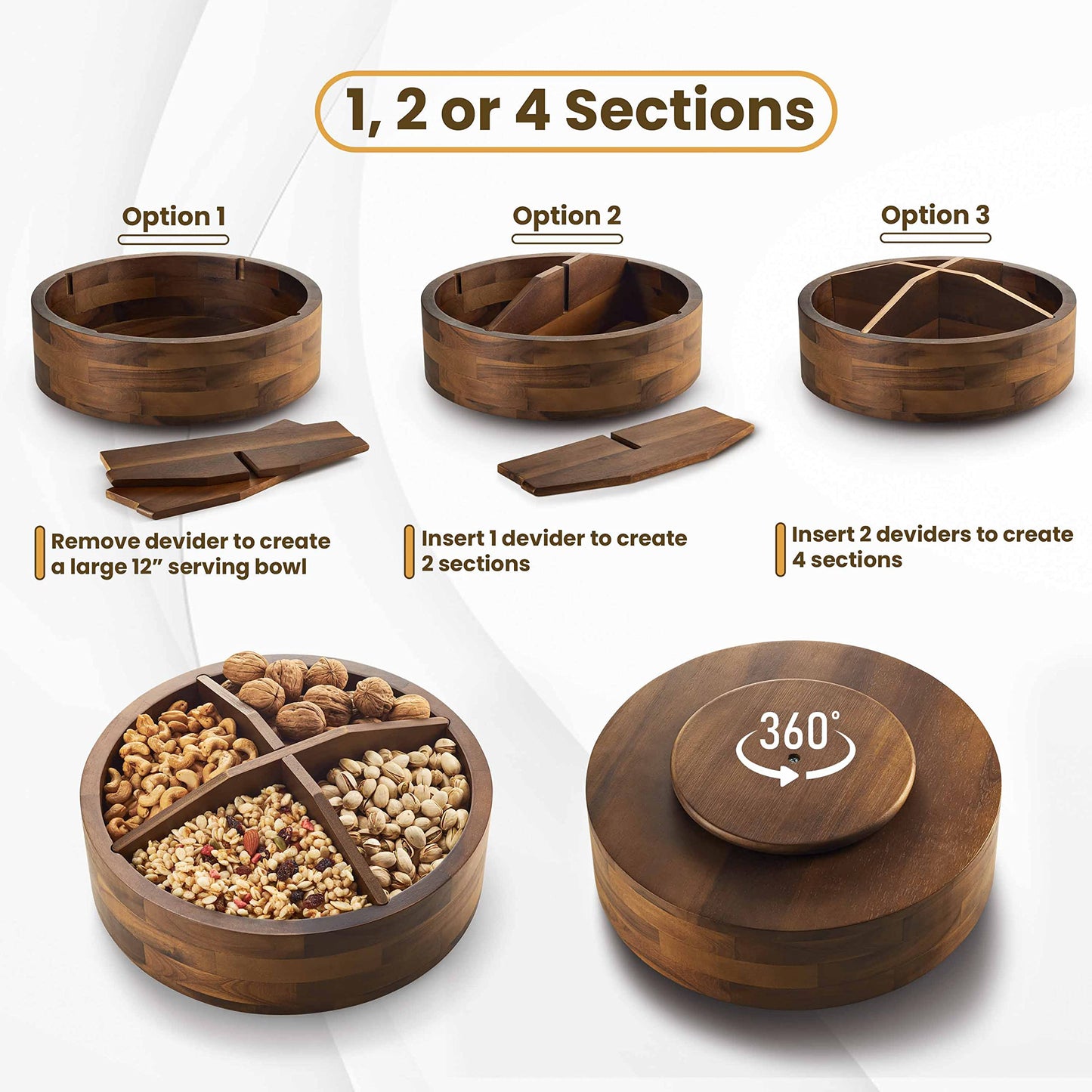 TIDITA 12" Acacia Lazy Susan Organizer with 4 Dividers - Wooden Lazy Susan Turntable for Table, Countertop - Kitchen Storage Food Bin Container for Spices, Cabinet, Fridge, Pantry (Acacia Woo - WoodArtSupply