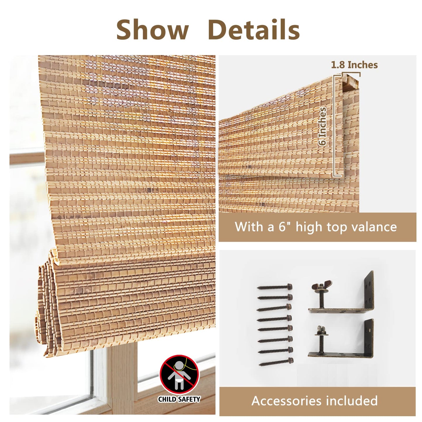 FACIMI Cordless Blackout Bamboo Window Shades, Light Filtering Roman Blinds with 6" H Valance, with Room Darkening Liner Bamboo Shades for Windows, Sliding Doors, Amber