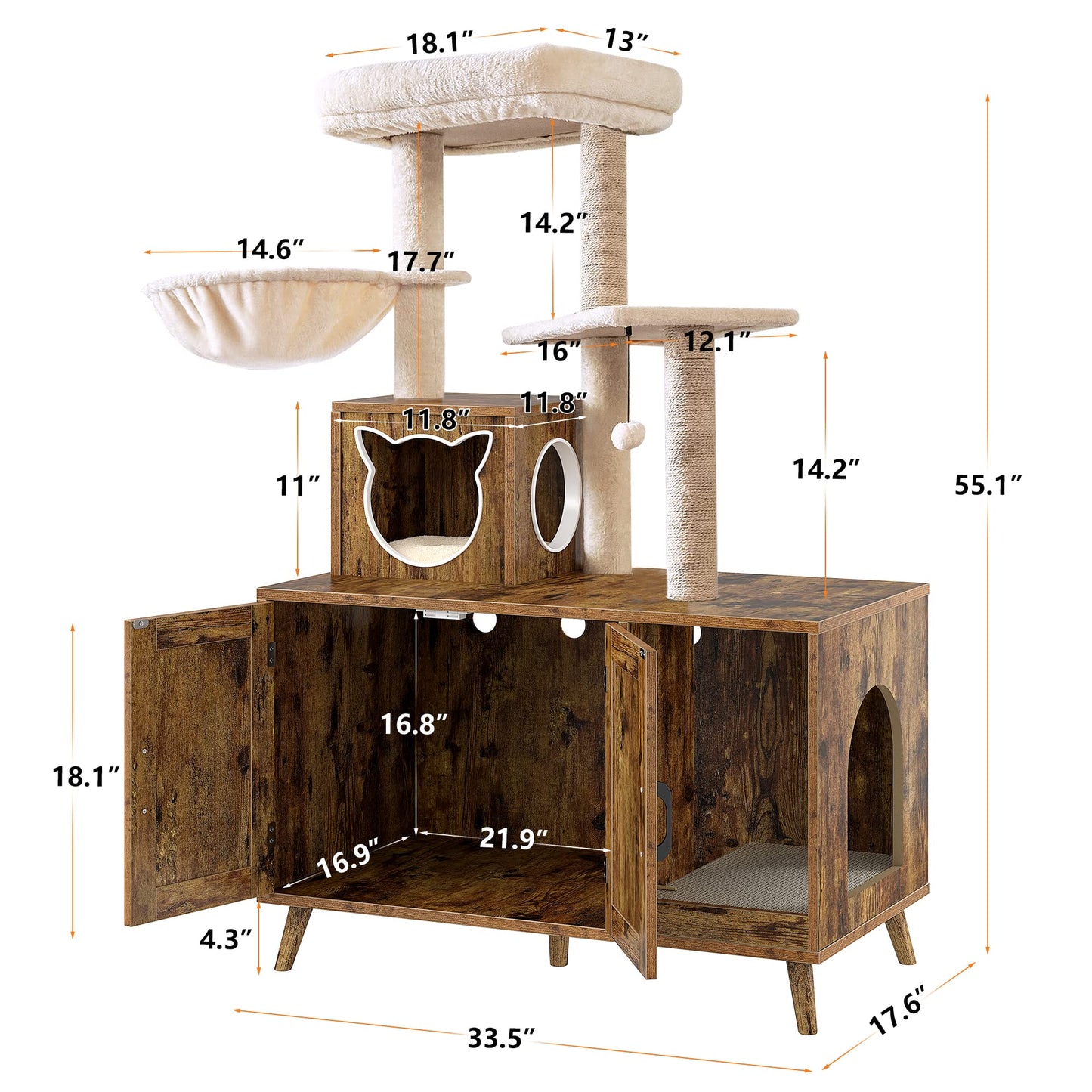 EnHomee Cat Litter Box Enclosure, Modern Cat Tree with Litter Box Enclosure, Box Hidden Furniture, Cute Cat Tower for Indoor Large Cats, Wood Cat Condo with Scratching Post and Hammock - WoodArtSupply