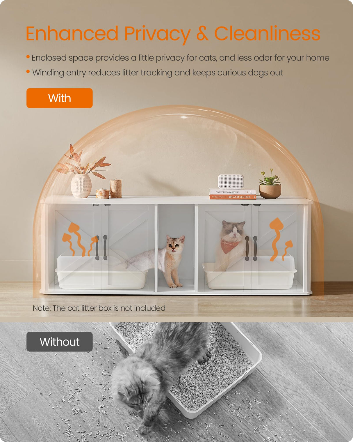 Feandrea Double Cat Litter Box Enclosure, Modern Cat Litter Box Furniture Hidden for 2 Cats, Front Entry, Cat House, Side End Table, TV Stand, 59 x 19 x 19.5 Inches, Cloud White UPCL010W01 Feandrea