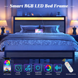 Fluest Queen Bed Frame with Headboard & Footboard, Bed Frame with Built-in Charging Station & LED Light, Storage Shelf, Noise-Free, No Box Spring Needed, Easy Assembly, Rustic Grey Fluest