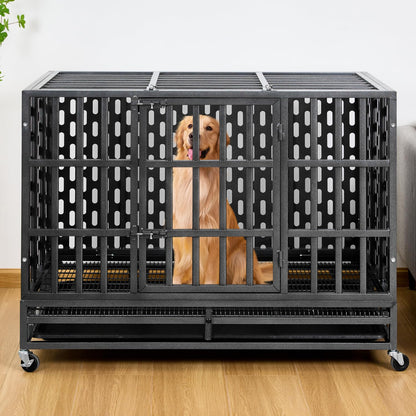 48 Inch Heavy Duty Indestructible XL Dog Crate Steel Escape Proof, Indoor Double Door High Anxiety Cage, Kennel with Wheels, Removable Tray, Extra Large XXL