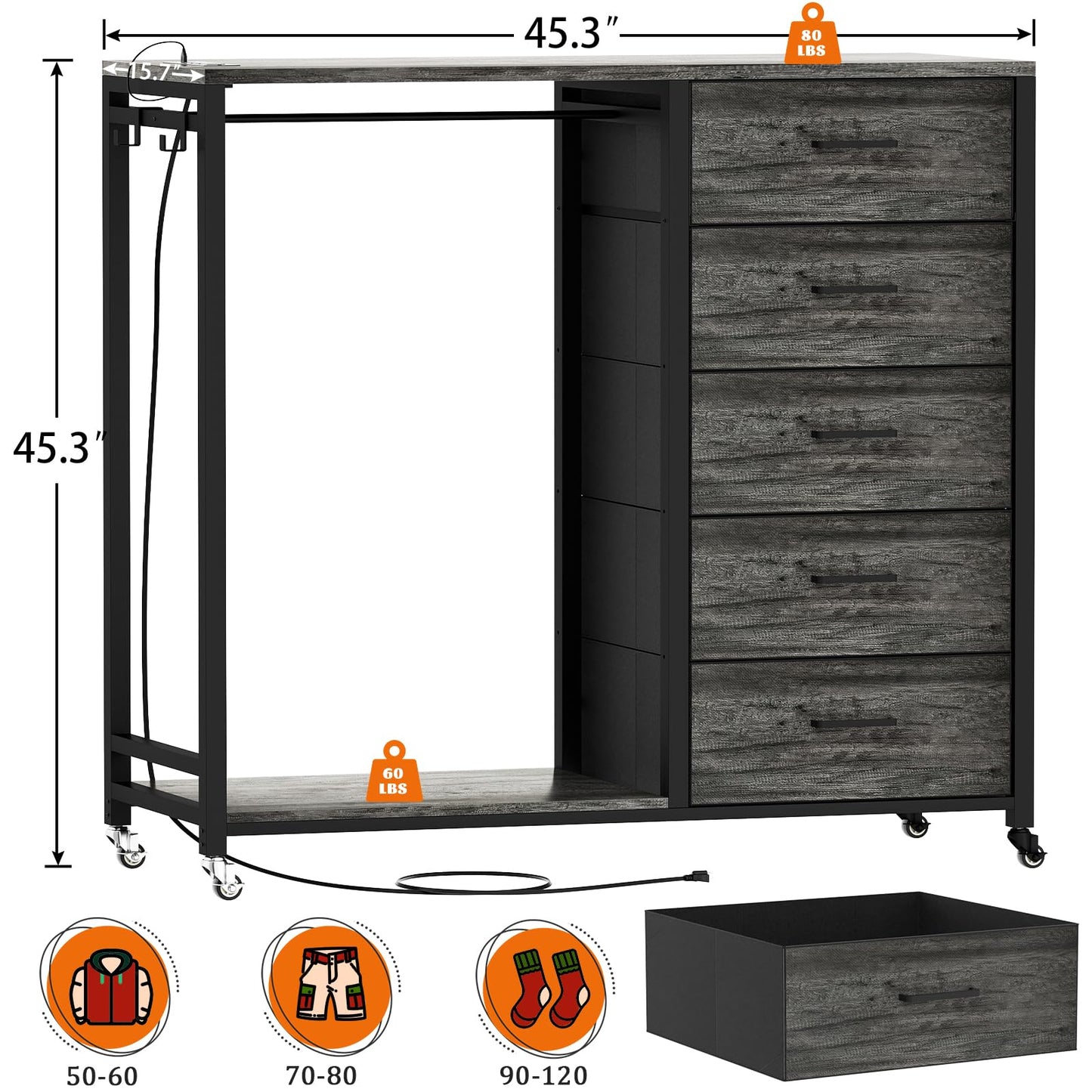 Girapow Dresser for Bedroom with Hanging Rack, Grey Oak 5 Drawers Dresser with Power Outlets & LED Lights, 2-1 Storage Unit Dressers with Lockable Wheels, Wooden Top, Bedroom, Closet, Entryway