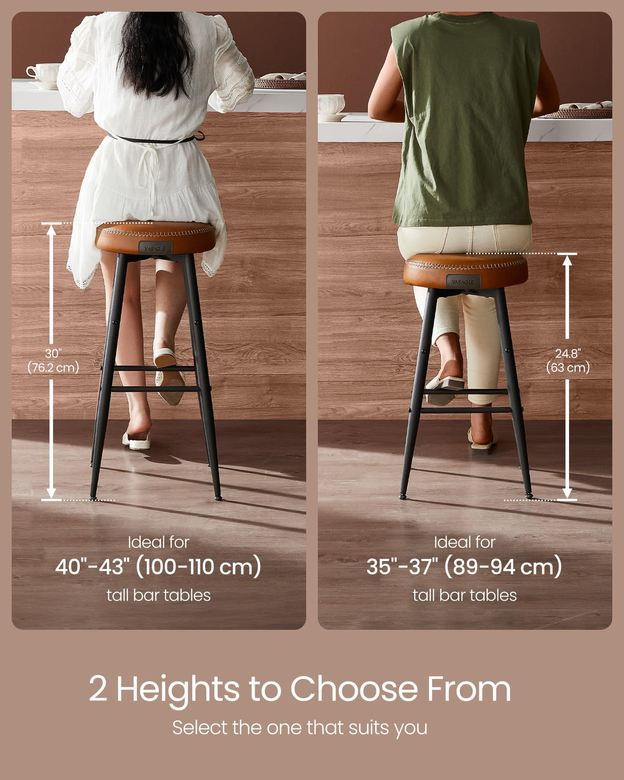 VASAGLE EKHO Collection - Bar Stools Set of 2, Bar Height Bar Stools, Kitchen Counter Stools, Mid-Century Modern Backless Counter Stools, 30-Inch Tall, Kitchen Island Home Bar, Caramel Brown VASAGLE