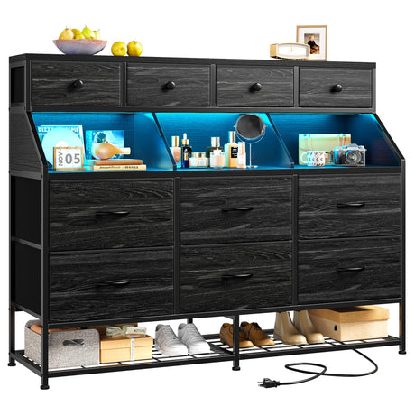 Dresser for Bedroom with 10 Drawers & Shoe Rack Fabric Dressers & Chests of Drawers with LED Lights and Power Outlets Bedroom Dresser for Entryway, Halfway, Closet (Charcoal Black) EnHomee