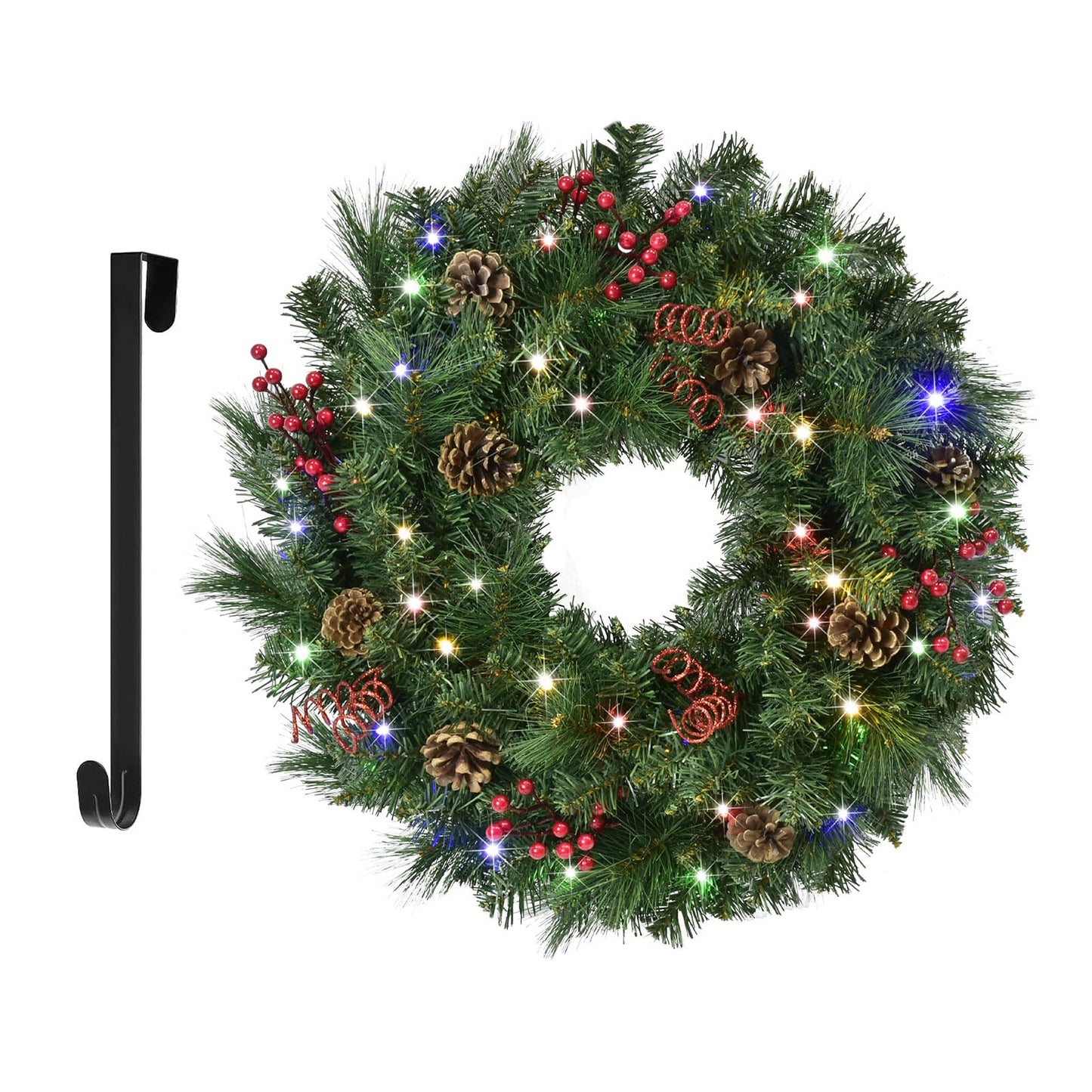 Christmas Wreaths for Front Door 24In - Artificial Christmas Wreath with 40 LEDs 9 Models Light, Timer, Hanger, Battery Operated Christmas Wreath for Mantel Wall Windows Xmas Decoration