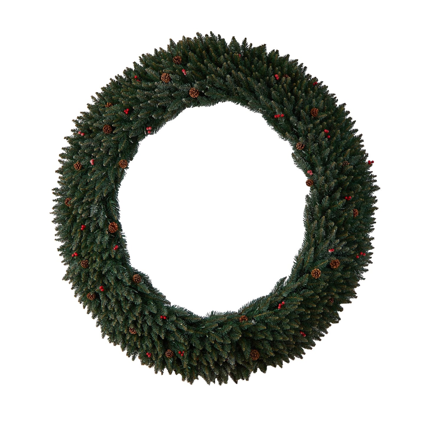 Nearly Natural 6ft. Large Flocked Artificial Christmas Wreath with Pinecones, Berries, 600 Clear LED Lights and 1080 Bendable Branches