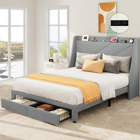YITAHOME Storage Bed Frame, Queen Size Bed Frame with Type-C & USB Port and 2 Drawers, Upholstered Headboard Storage Shelf Platform Bed, No Box Spring Needed, Easy Assembly, Grey YITAHOME