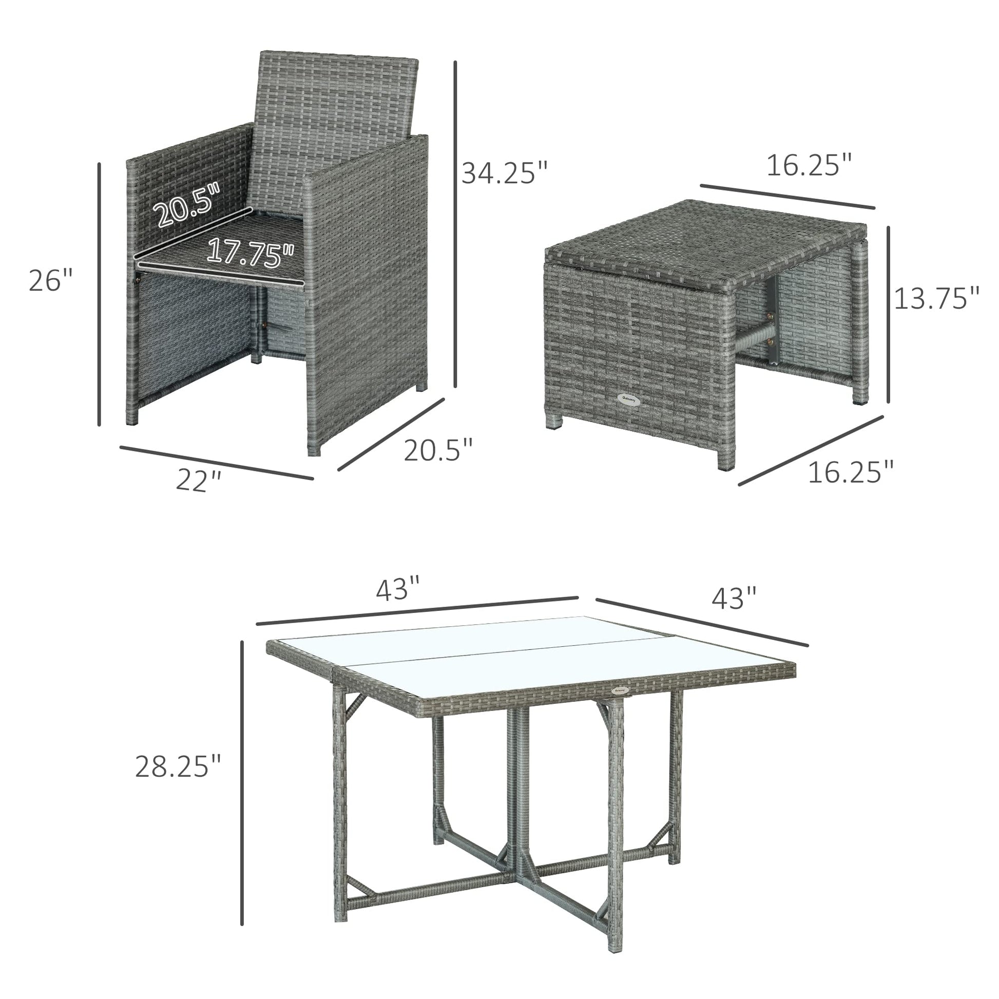 Outsunny 9-Piece PE Rattan Patio Furniture Set, Outdoor Wicker Patio Dining Set, Cushions, 4 Armchairs, 2 Easy-Store Ottoman Footrests, 1 Tempered Glass Center Coffee Table, Dark Gray - WoodArtSupply