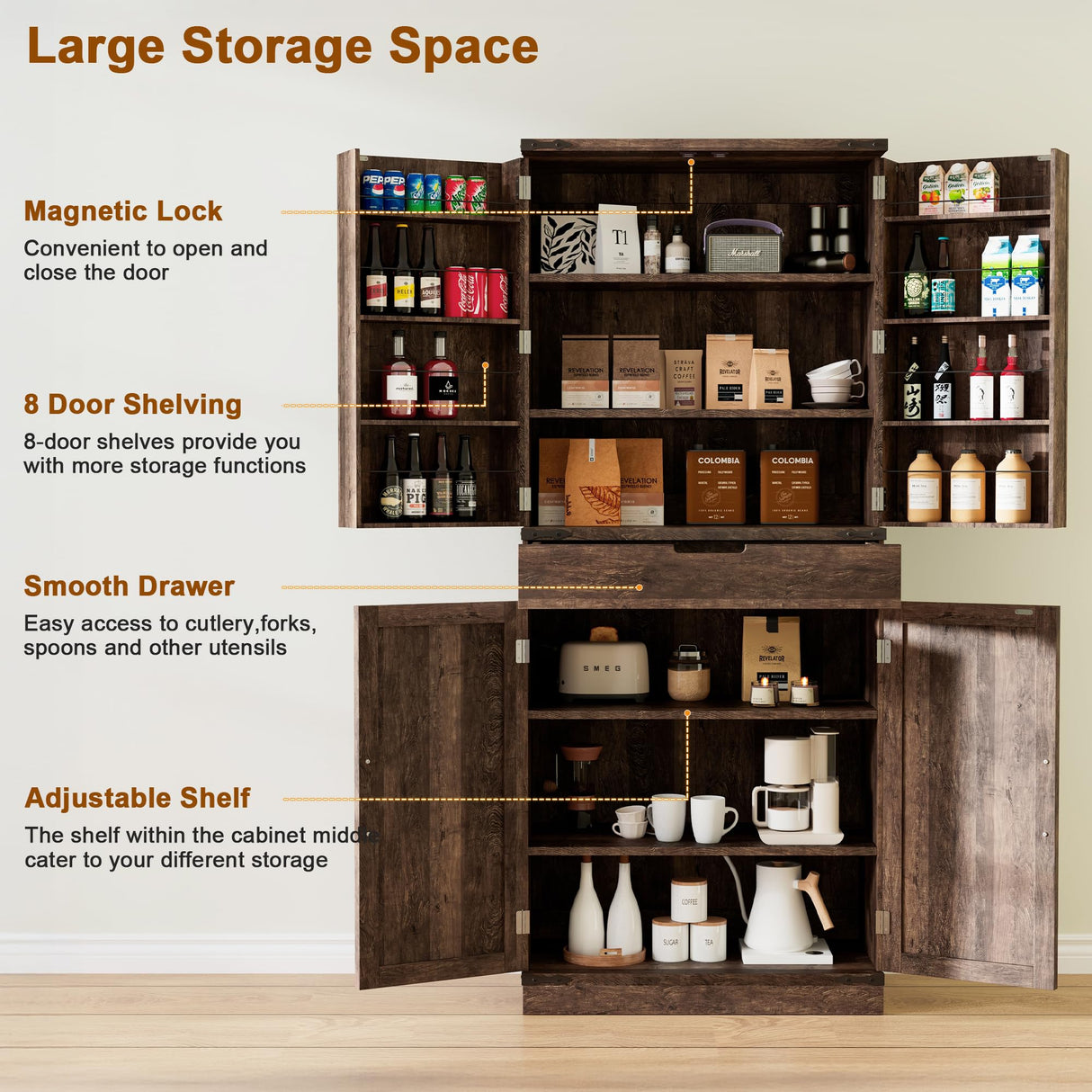 GRUSIGN 72" Tall Storage Cabinet, Kitchen Pantry Cabinet with Adjustable Shelves & Sturdy Steel Frame, Farmhouse Pantry Storage with 4 Barn Doors for Kitchen, Dining Room, and Living Room, Dark Grey GRUSIGN