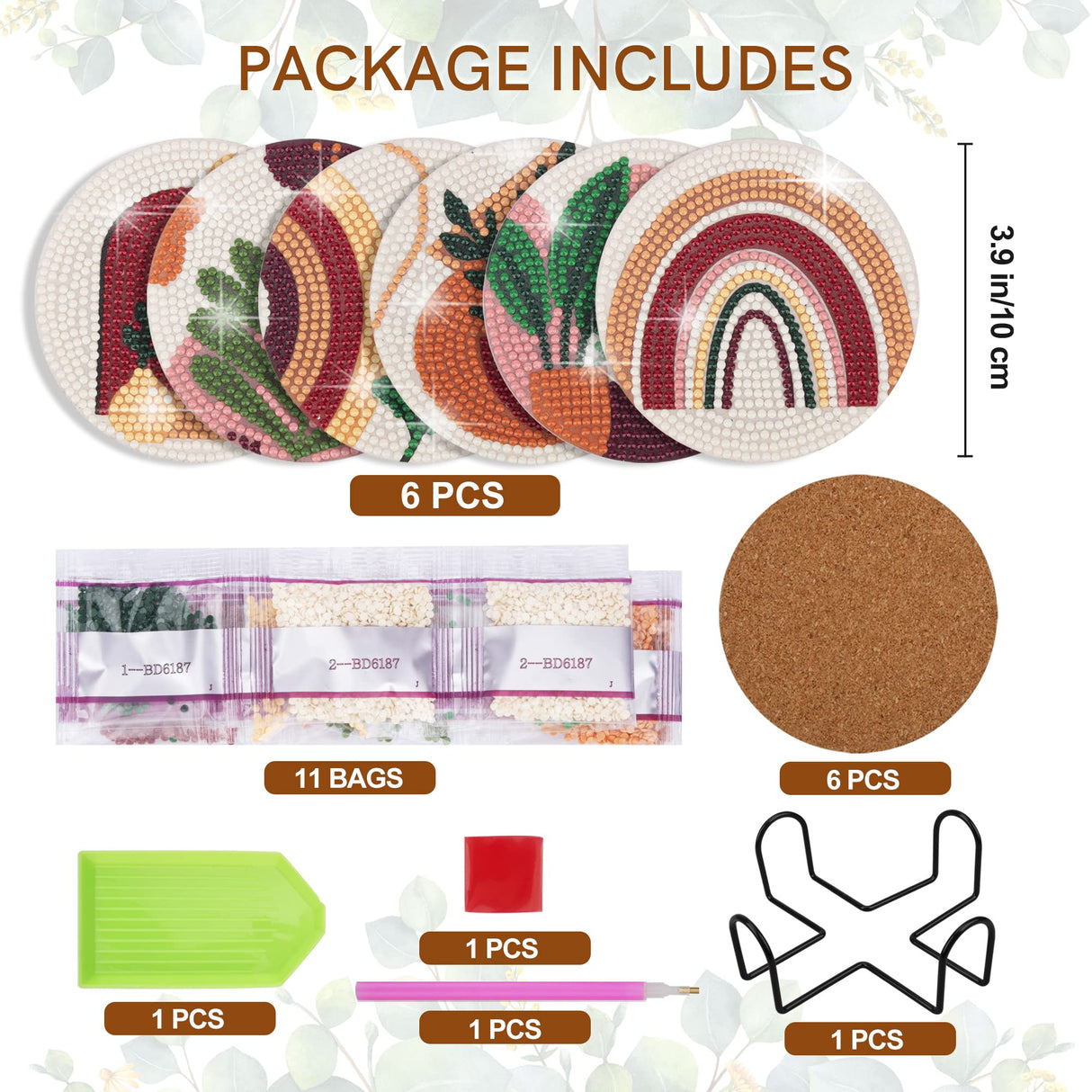 Temlum 6 Pcs Diamond Painting Coasters with Holder, Abstract Plants Coasters Diamond Art Kits for Beginners, Adults Small Diamond Painting Kit Art Craft Supplies Temlum