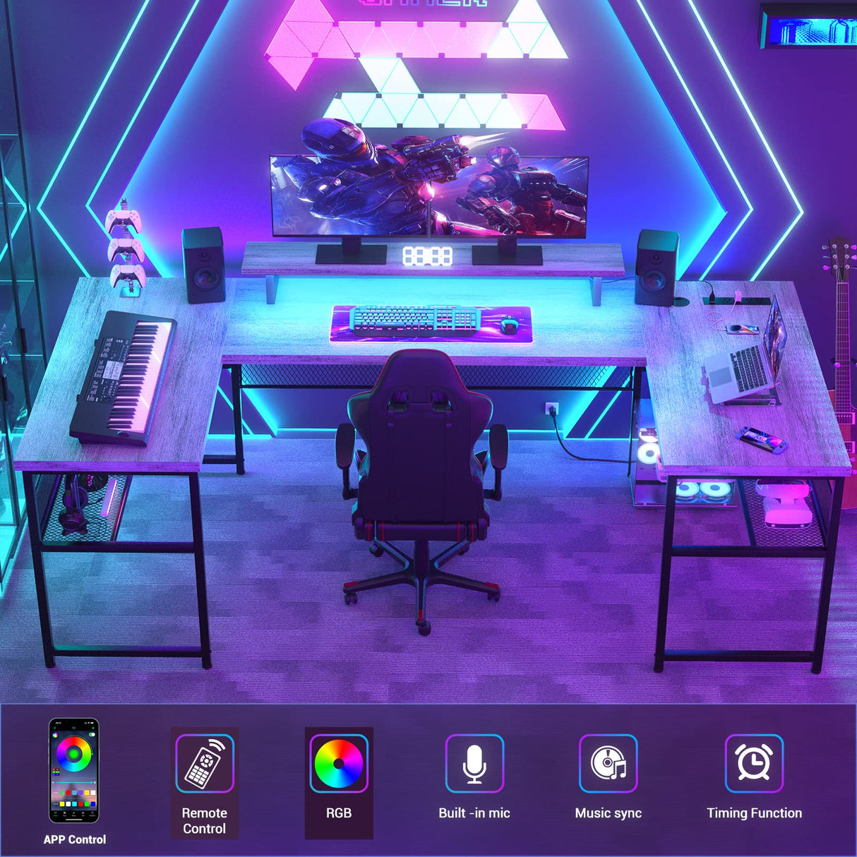 Unikito Reversible U Shaped Computer Desk with Power Outlet, LED Lights, and Monitor Stand – Modern 130 Inch Dual Purpose Office and Gaming Table in White Oak Unikito