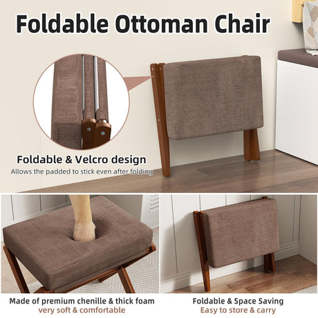 BAMBOOHOMIE Foldable Foot Stool Ottoman, Modern Foot Rest with Bamboo X Legs & Thick Foam Cushion, Folding Foot Stools Small Padded for Bedroom Living Room, Makeup Vanity Stool Chair (Brown - Brown) BAMBOOHOMIE