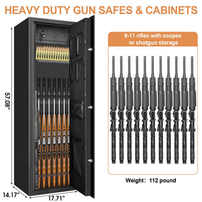 11-12 Large Biometric Gun Safes for Home Rifle and Pistols, Heavy Duty Anti-Theft Gun Safes for Rifles and Shotguns, Biometric Rifle Safe with Removable Gun Rack, LED Light and Pistol Pockets