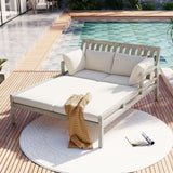 Merax Outdoor Daybed, 3 Seater Acacia Wood Daybed, Patio Day Bed with Four Pillows, Wooden Outdoor Bed with Curved Armrests for Poolside, Backyard, Garden, Gray Merax
