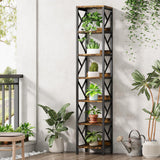 Condemo 78.7 Inch Extra Tall Narrow Bookshelf with LED Light, 7 Tier Skinny Bookcase for Small Space, Freestanding Display Corner Shelf, Modern Industrial Storage Organizer for Home Office, Brown Condemo