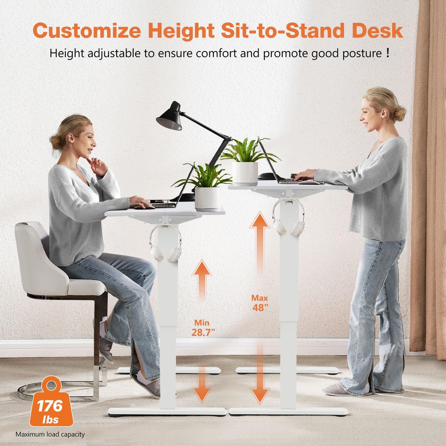 Sweetcrispy Electric Adjustable Height Standing Desk - 40 x 24 inch Sit to Stand Up Desk with Splice Board, Rising Home Office Computer Table with 2 Hook and Wire Hole for Work - WoodArtSupply