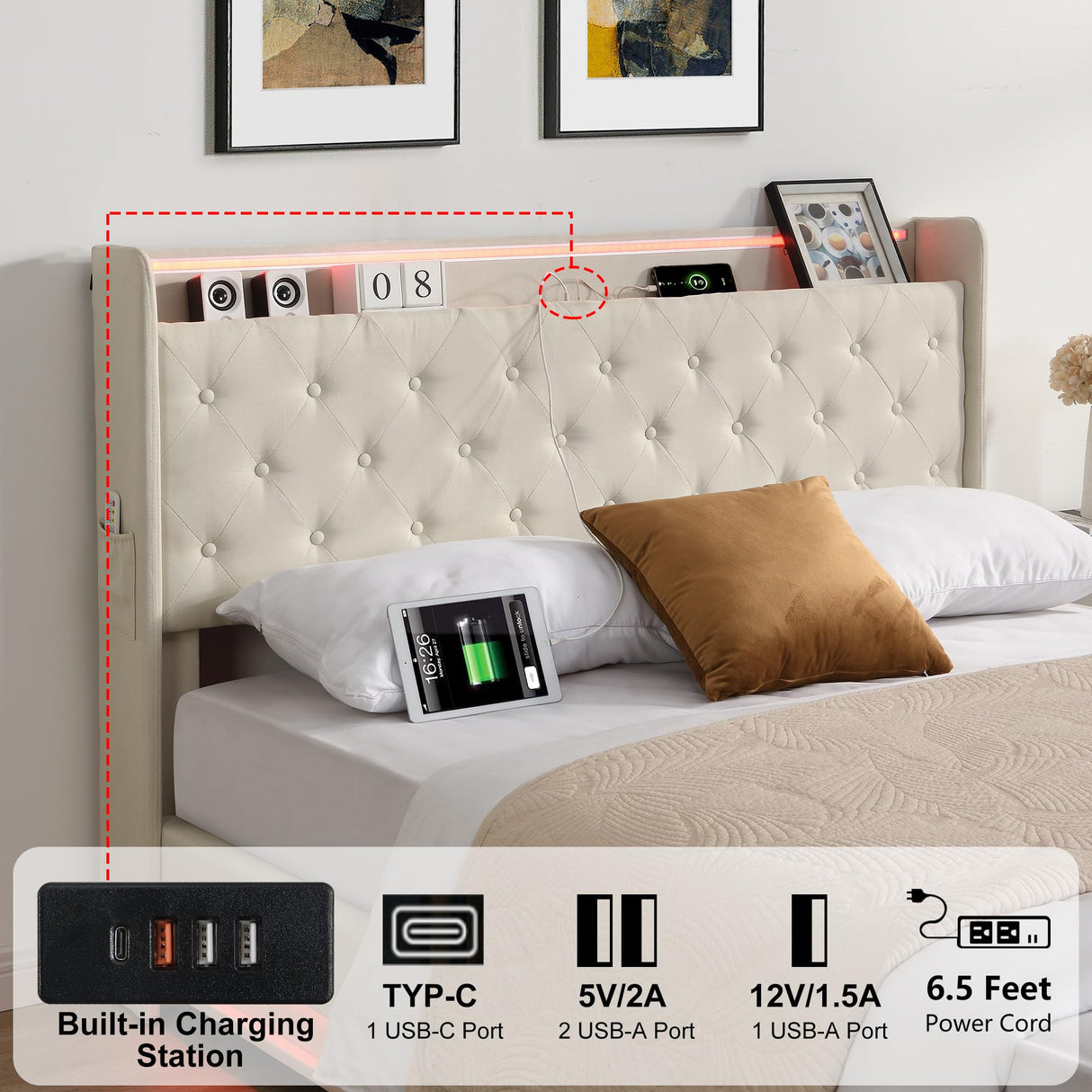 Ailisite Beige Upholstered Queen Bed Frame with LED Lights, Wingback Headboard, and Storage Solution Ailisite
