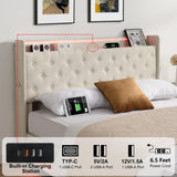 Ailisite Beige Upholstered Queen Bed Frame with LED Lights, Wingback Headboard, and Storage Solution Ailisite
