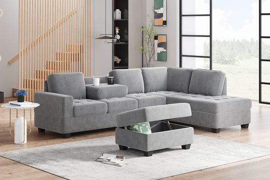 Acosure 112" Modern L-Shape Couch Set with Reversible Chaise,Sectional Convertible Sofa W/Storage Ottoman & 2 Cup Holders,Easy Assembly,6 Seat Sleeper Furniture for Living Room Apartment,Gray Velvet