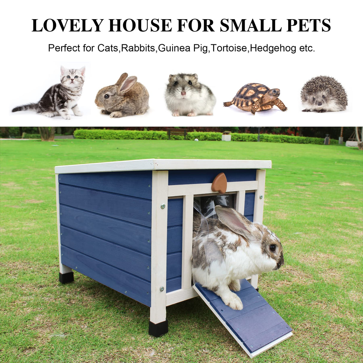 Deblue Cat House for Outdoor Cats, Weatherproof Feral Cat House, Wooden Outside Shelter for Cat, Rabbit and Small Pet Hutch-Navy Blue Deblue