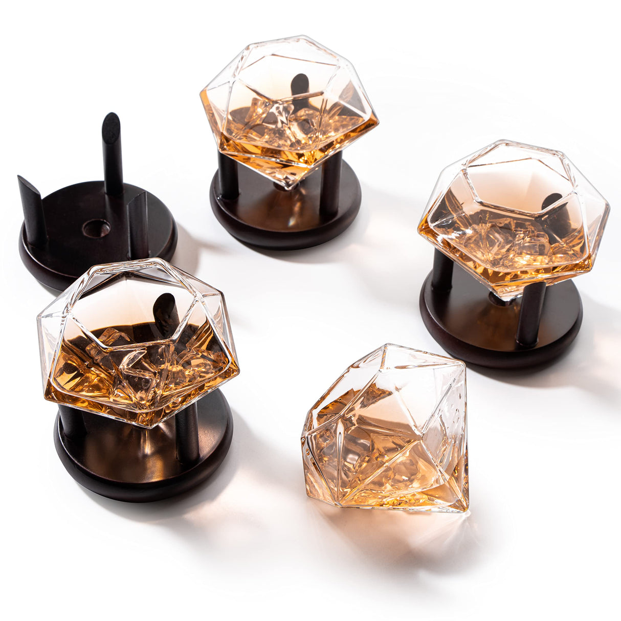 Set of 4 Diamond Whiskey & Wine Glasses With Wood Stands 10oz - Wine, Whiskey, Water, Diamond Shaped, Diamonds Collection Sparkle Patented Wine Savant - Stands Alone, Or on Stand, Cocktail Barware The Wine Savant