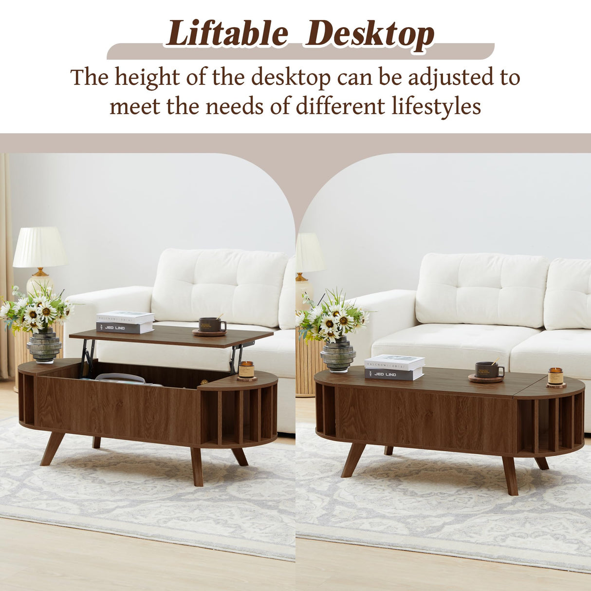 Janmer Home 47.3" Lift Top Coffee Table with Hidden Storage, Small End Table with Curved Edge Design, Oval Center Table with Lift Tabletop for Living Room, Office (Walnut) Janmer Home
