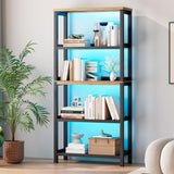 Vlsrka Wooden Bookshelf with Lights, 5 Tier Bookshelf with Storage, Tall Bookcase with Open Shelves, Standing Bookshelves Display Rack for Living Room, Home Office, Black Vlsrka