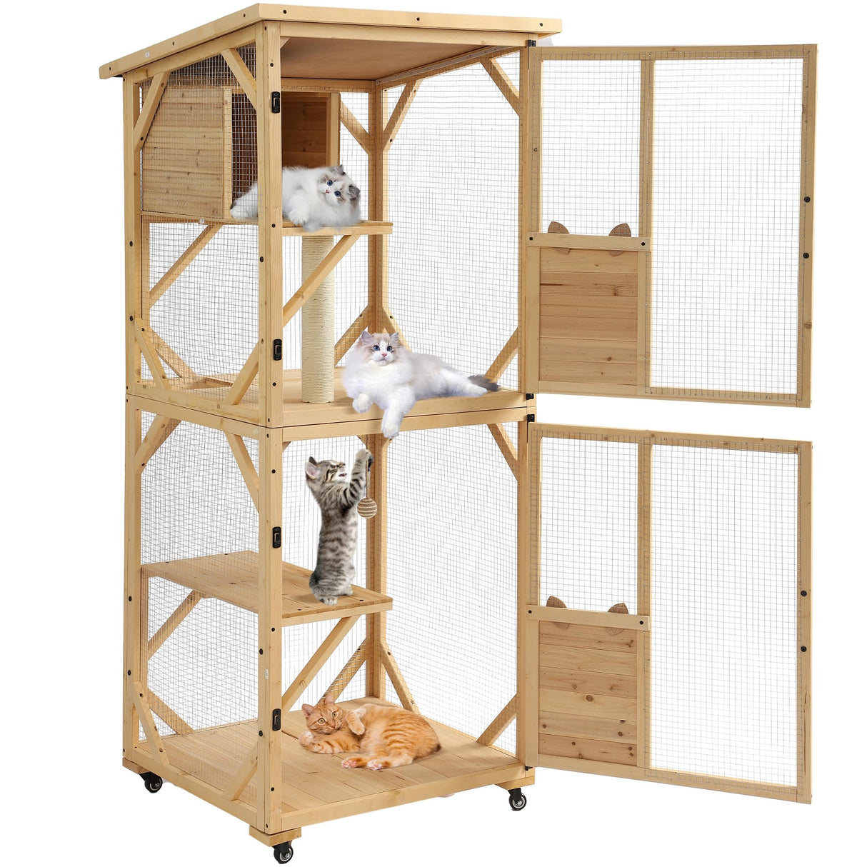 TITIMO 71" Catio Cat Enclosure Window, Large Outdoor/Indoor Cat House for Multiple Cats, Wooden Kitty Condo W/Waterproof Roof, Platforms, Resting Box, Scratching Post, Sisal Ball, Wheels (Burlywood) TITIMO