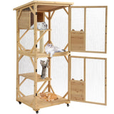TITIMO 71" Catio Cat Enclosure Window, Large Outdoor/Indoor Cat House for Multiple Cats, Wooden Kitty Condo W/Waterproof Roof, Platforms, Resting Box, Scratching Post, Sisal Ball, Wheels (Burlywood) TITIMO
