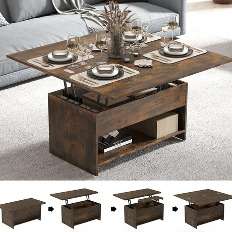 Manora 40'' Farmhouse Multi-Functional Lift-Top Coffee Table with Hidden Storage & Open Shelf, 4-in-1 Convertible Center Table for Living Room, Small Spaces, Dining or Home Office Workstation (Brown) Manora