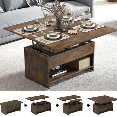 Manora 40'' Farmhouse Multi-Functional Lift-Top Coffee Table with Hidden Storage & Open Shelf, 4-in-1 Convertible Center Table for Living Room, Small Spaces, Dining or Home Office Workstation (Brown)