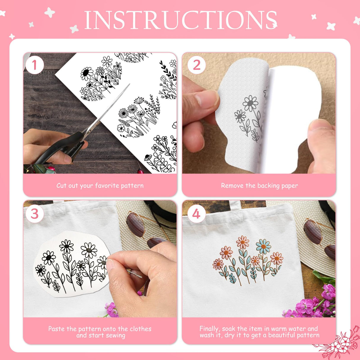 Water Soluble Embroidery Patterns Stabilizers - Rngmsi 4 Pcs Floral Stick and Stitch Embroidery Paper Wash Away, Sunflower Designs Transfer Patterns Stabilizers for Hand Sewing Rngmsi