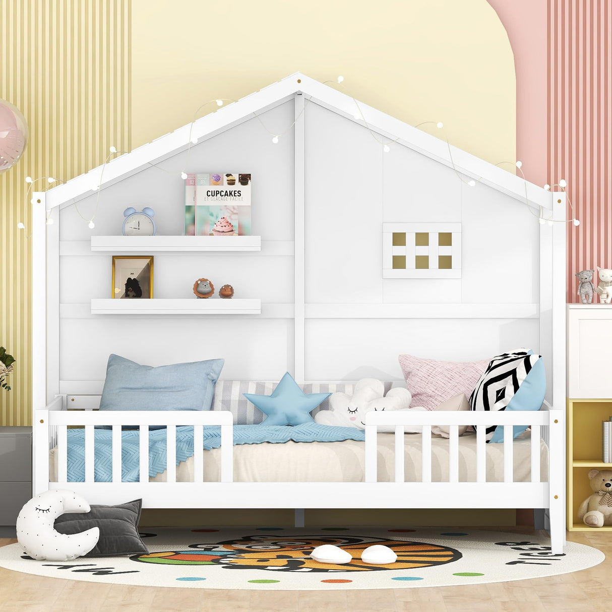 SOFTSEA Twin Size Low Loft House Bed with Shelves and Sparkling Light Stripe SOFTSEA